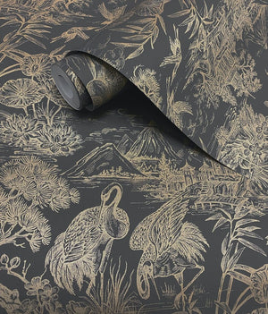 Natoru wallpaper in Charcoal / Gold by Natty & Polly, full pattern view