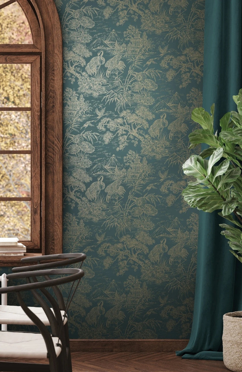 Natoru wallpaper in Aqua / Gold by Natty & Polly, full pattern view