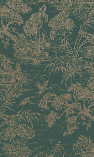 Natoru wallpaper in Aqua / Gold by Natty & Polly, full pattern view