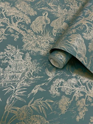 Natoru wallpaper in Aqua / Gold by Natty & Polly, full pattern view
