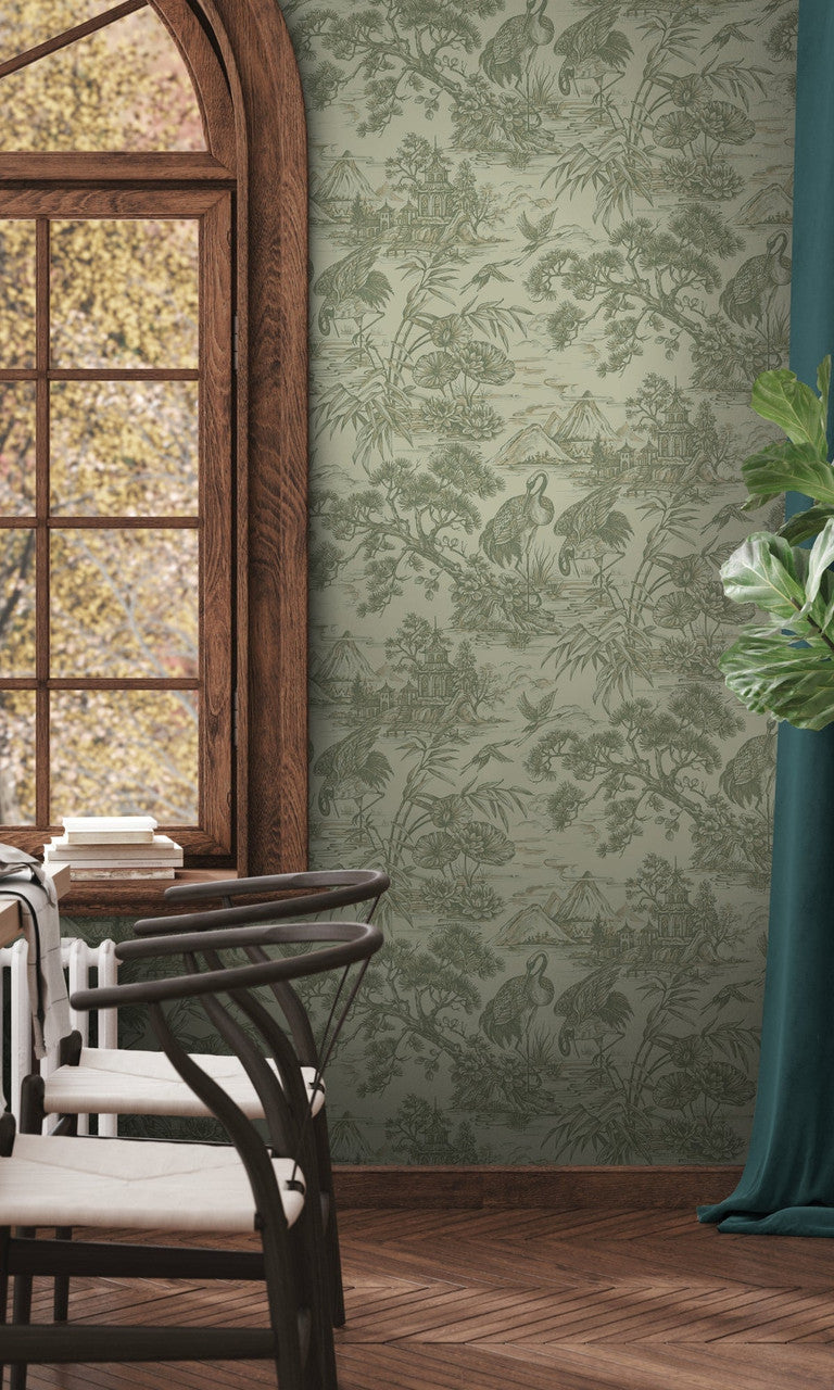 Natoru wallpaper in Sage by Natty & Polly, styled in an interior