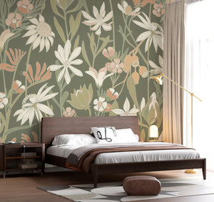 Bushwalk wallpaper mural in Moss by Natty & Polly, Australian native flora and fauna, styled in an interior