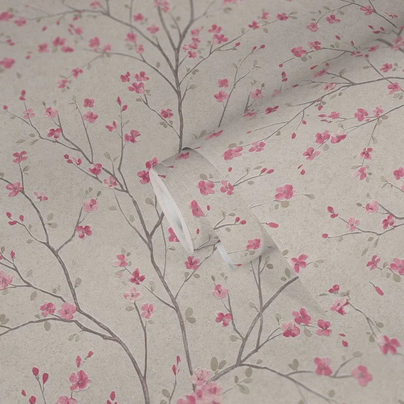 Cherry Tree wallpaper in White / Pink by Natty & Polly, full pattern view
