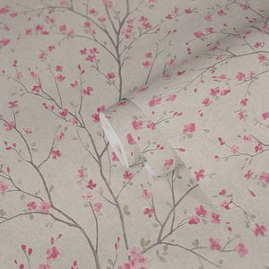 Cherry Tree wallpaper in White / Pink by Natty & Polly, full pattern view