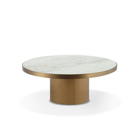 Maison Debrah Montauk round Jazz white marble coffee table on brushed brass base