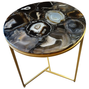 Sudoku Black Monochrome Agate Side Table with Matte Gold Frame, Cocolea, , ,