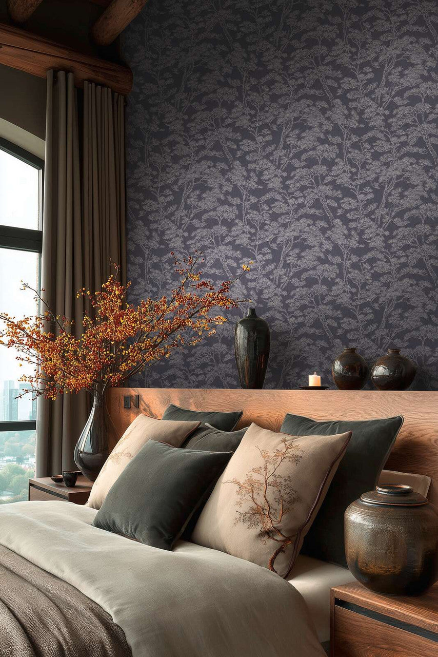 Rococo wallpaper in Charcoal Blue by Natty & Polly, full pattern view