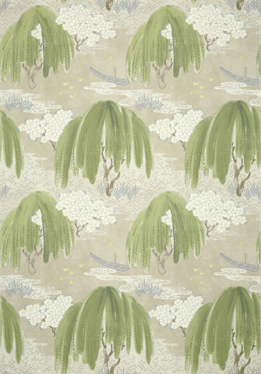Willow Tree wallpaper in Beige by Natty & Polly, close-up of the pattern and texture