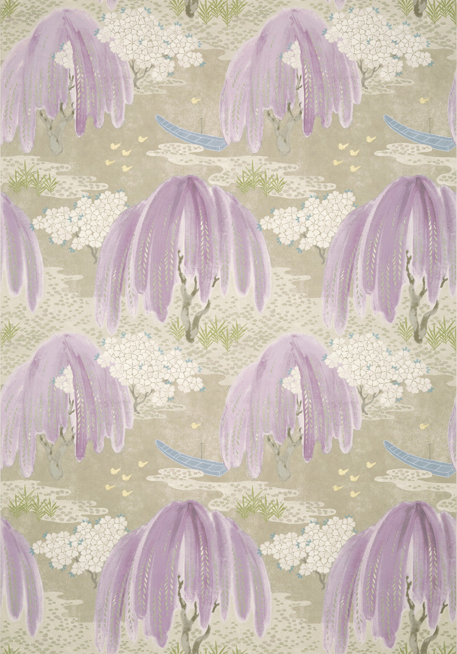 Willow Tree wallpaper in Lavender by Natty & Polly, close-up of the pattern and texture