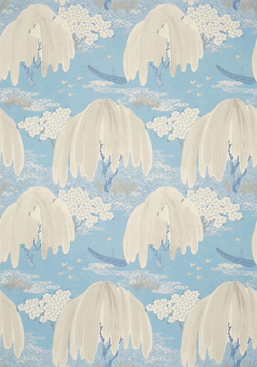 Willow Tree wallpaper in Soft Blue by Natty & Polly, close-up of the pattern and texture