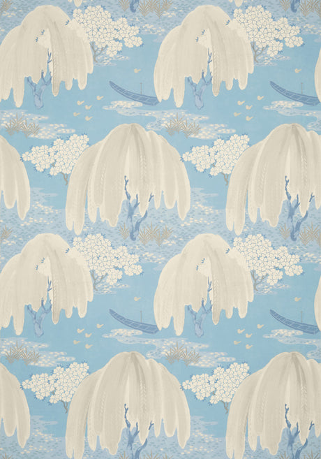 Willow Tree wallpaper in Soft Blue by Natty & Polly, close-up of the pattern and texture