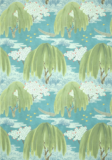 Willow Tree wallpaper in Turquoise by Natty & Polly, close-up of the pattern and texture