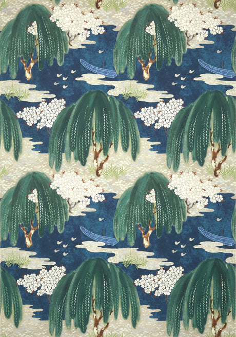 Willow Tree wallpaper in Navy by Natty & Polly, close-up of the pattern and texture