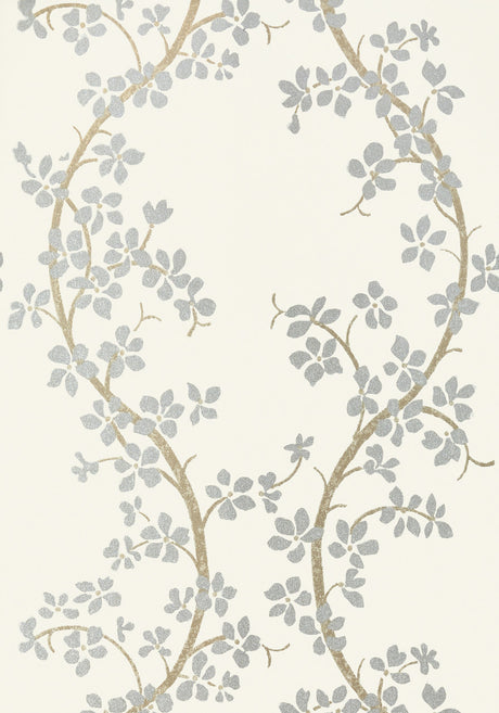 St. Albans Grove wallpaper in Cream / Metallic Silver by Natty & Polly, close-up of the pattern and texture