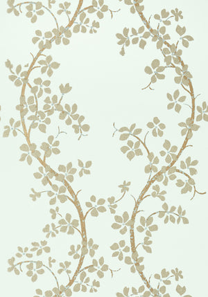 St. Albans Grove wallpaper in Aqua / Metallic Pewter by Natty & Polly, close-up of the pattern and texture