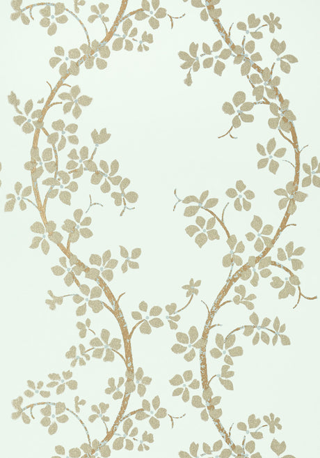 St. Albans Grove wallpaper in Aqua / Metallic Pewter by Natty & Polly, close-up of the pattern and texture