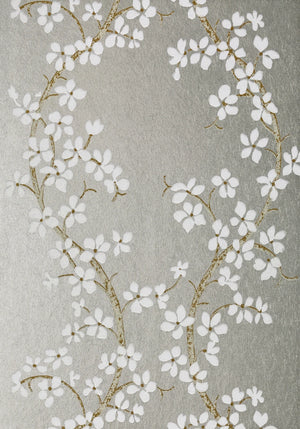 St. Albans Grove wallpaper in Metallic Silver / White by Natty & Polly, close-up of the pattern and texture