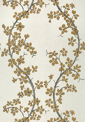 St. Albans Grove wallpaper in Pearl / Metallic Gold by Natty & Polly, close-up of the pattern and texture