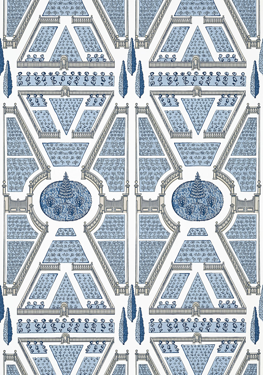 Aerial Garden Wallpaper, Cocolea Natty & Polly, Blue / White, Per roll (68.6 cm × 10.06 m),