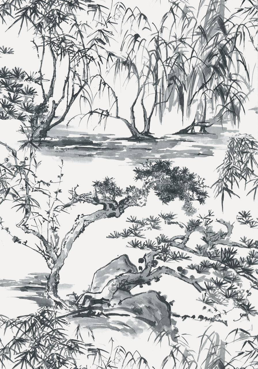 Kyoto wallpaper in Black by Natty & Polly, close-up of the pattern and texture