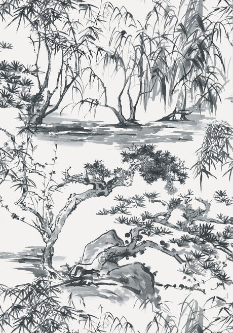 Kyoto wallpaper in Black by Natty & Polly, close-up of the pattern and texture