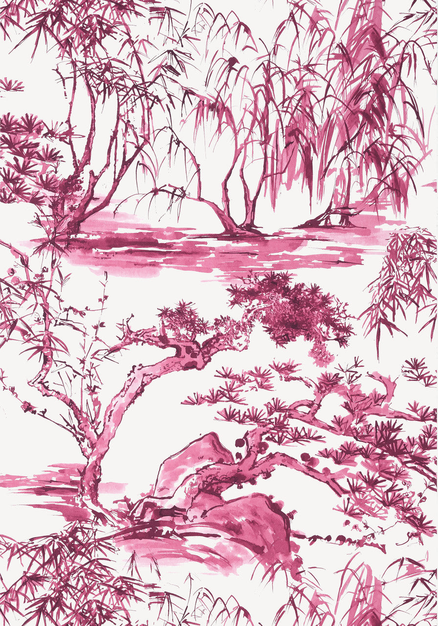 Kyoto wallpaper in Fuchsia by Natty & Polly, close-up of the pattern and texture