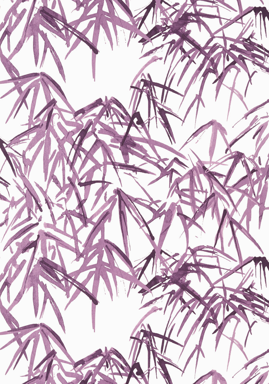 Kyoto Leaves wallpaper in Eggplant by Natty & Polly, close-up of the pattern and texture