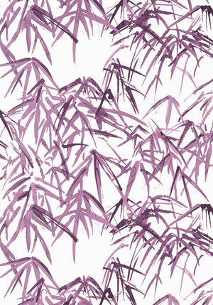 Kyoto Leaves wallpaper in Eggplant by Natty & Polly, close-up of the pattern and texture