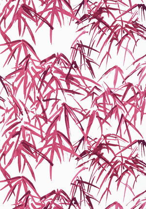 Kyoto Leaves wallpaper in Fuchsia by Natty & Polly, close-up of the pattern and texture