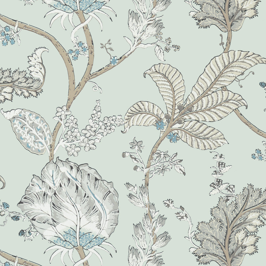Kalamkari Vine wallpaper in Robin's Egg by Natty & Polly, styled in an interior
