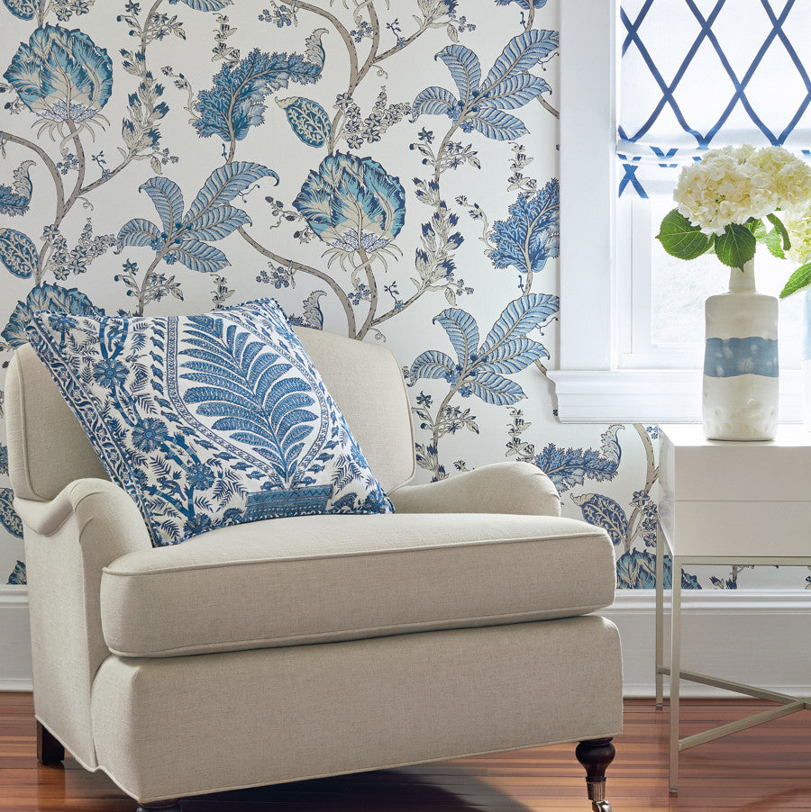Kalamkari Vine wallpaper in Blue / White by Natty & Polly, styled in an interior