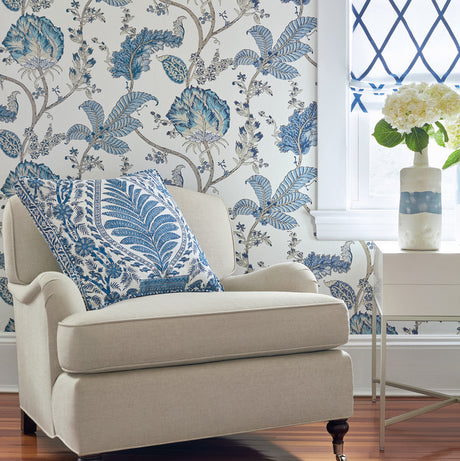 Kalamkari Vine wallpaper in Blue / White by Natty & Polly, styled in an interior
