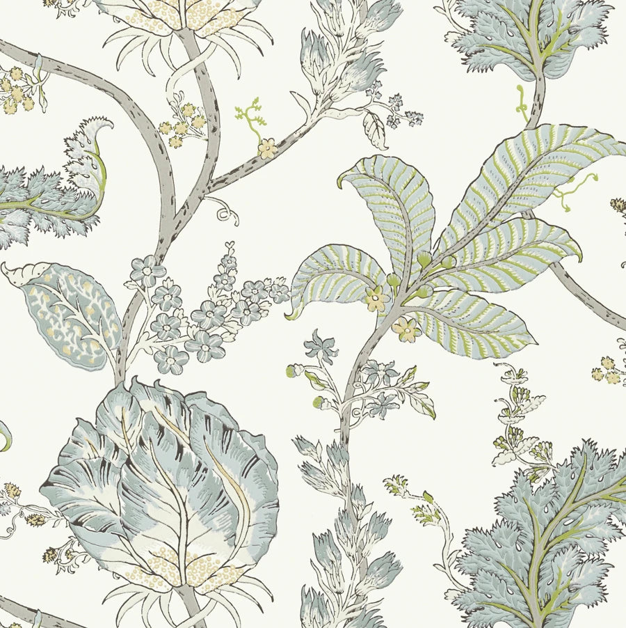 Kalamkari Vine wallpaper in Yellow / Aqua by Natty & Polly, styled in an interior
