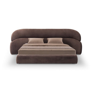 Maison Debrah Abrasse curved upholstered king bed in chocolate fabric and black velvet