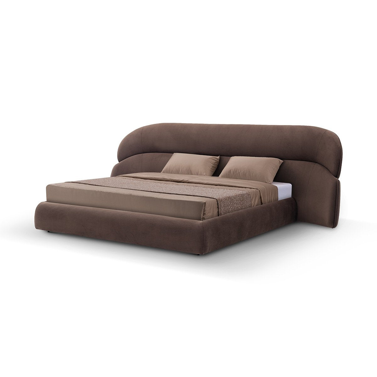 Maison Debrah Abrasse curved upholstered king bed in chocolate fabric and black velvet — view 2