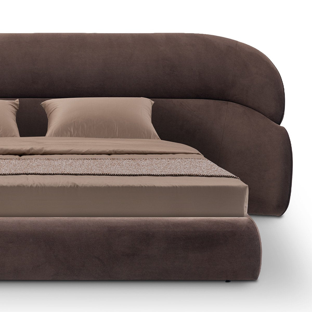 Maison Debrah Abrasse curved upholstered king bed in chocolate fabric and black velvet — view 3