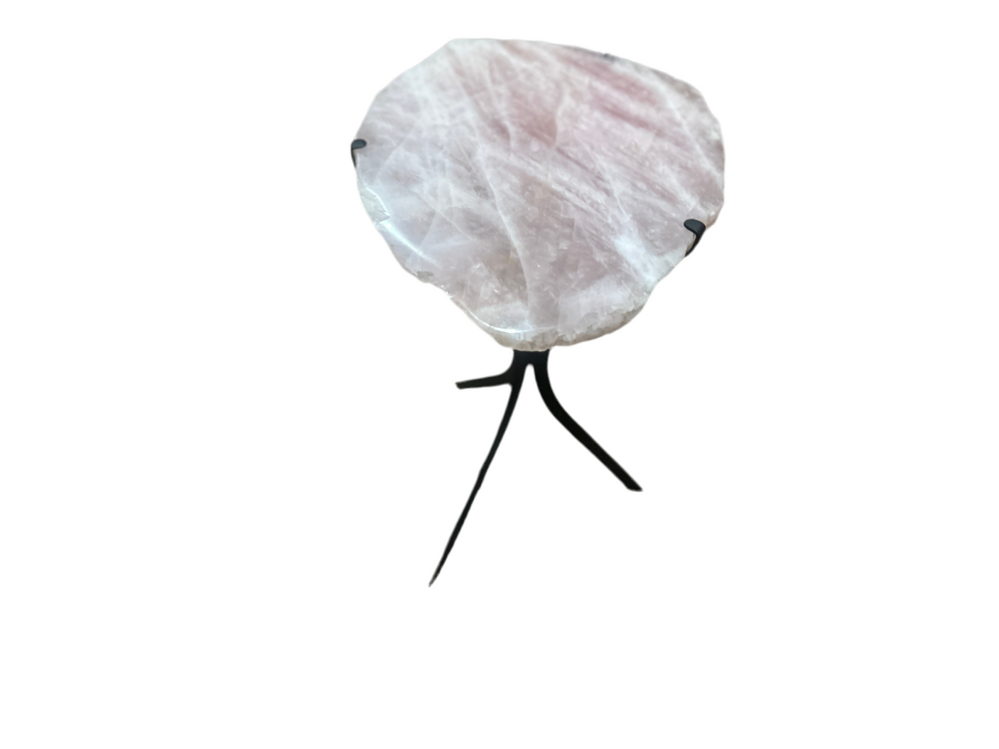 Hyalos Pink Quartz Side Table – Wild Cut Brazilian Stone on Wrought Iron Frame