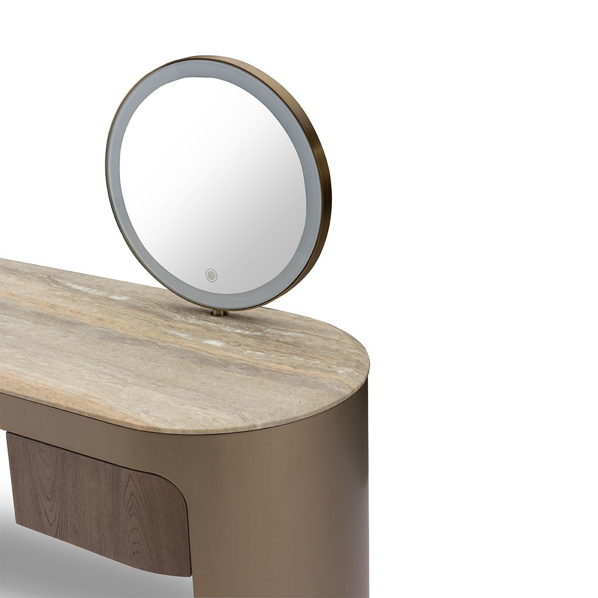 Solin Travertine Dressing Console with Illuminated Round Mirror & Brass, Maison Debrah, , ,
