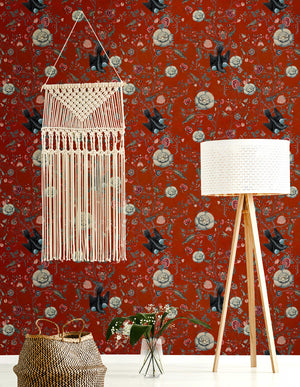 Black Bird wallpaper in Red by Natty & Polly, full pattern view