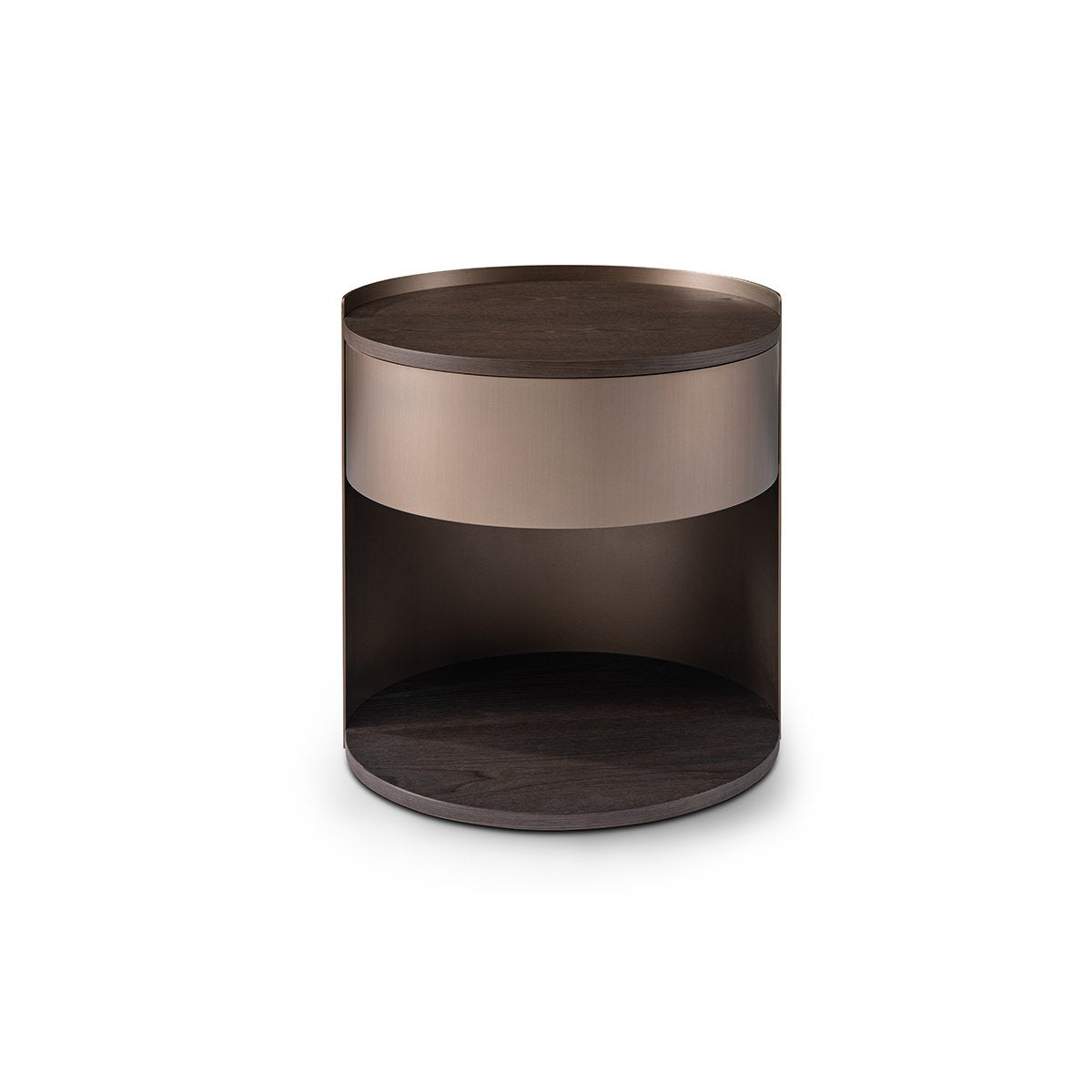 Maison Debrah Perlon round dark grey elm nightstand with brass band and drawer front