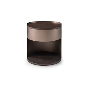 Maison Debrah Perlon round dark grey elm nightstand with brass band and drawer front