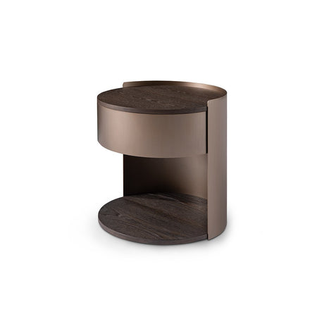 Maison Debrah Perlon round dark grey elm nightstand with brass band and drawer front — view 2