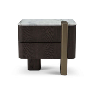 Maison Debrah Serin white marble nightstand in dark grey elm with a brass accent leg