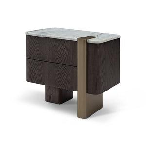 Maison Debrah Serin white marble nightstand in dark grey elm with a brass accent leg — view 2