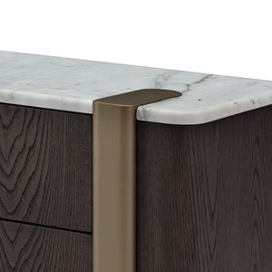 Maison Debrah Serin white marble nightstand in dark grey elm with a brass accent leg — view 4