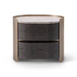 Maison Debrah Ovarne nightstand with curved brass body, travertine top and two drawers