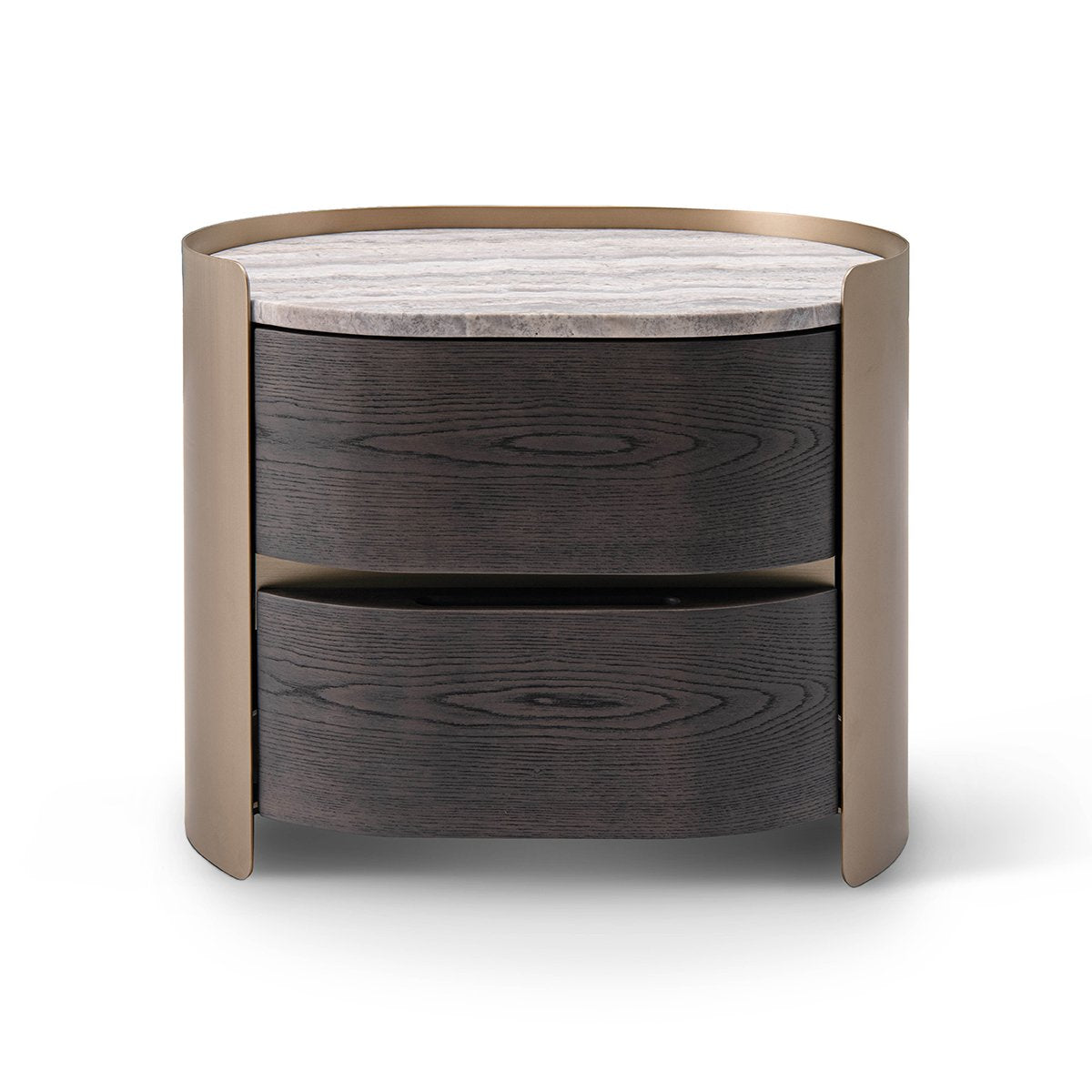 Maison Debrah Ovarne nightstand with curved brass body, travertine top and two drawers