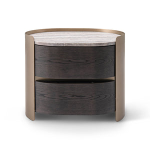 Maison Debrah Ovarne nightstand with curved brass body, travertine top and two drawers