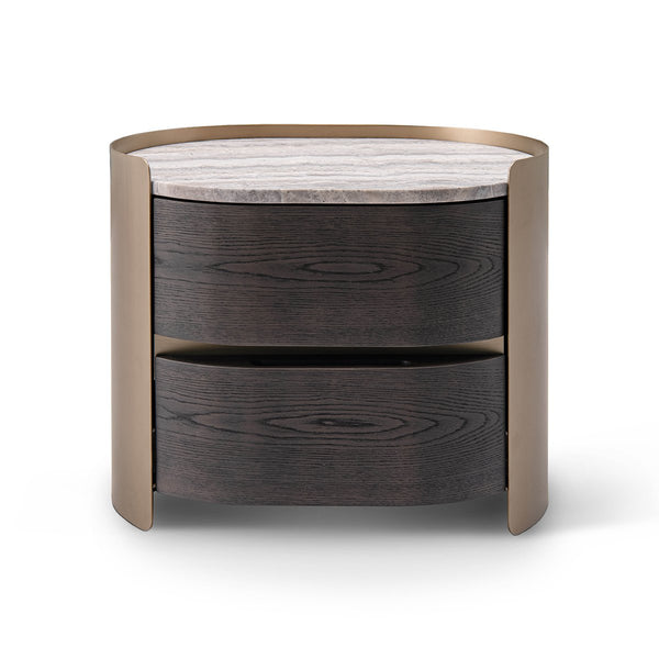 Ovarne Curved Brass Nightstand with Travertine Top and Drawers, Maison Debrah, , ,