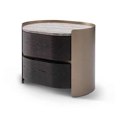 Maison Debrah Ovarne nightstand with curved brass body, travertine top and two drawers — view 2